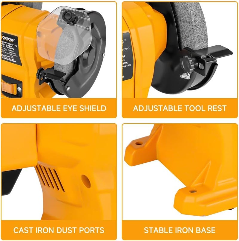 HOTECHE 6-Inch/8-Inch Dual-Size Bench Grinder - 2.1-Amp Heavy Duty Dry/Wet Sharpening System for Metal, Wood, Tools, Knives, Chisels & DIY Projects - Image 4